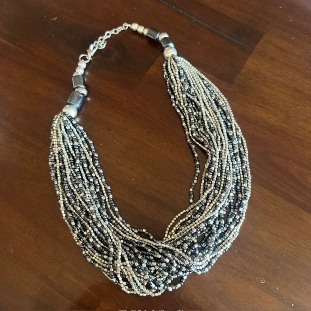 Multi-Strand Seed Bead Waterfall‎ Necklace Silver Tone Gunmetal Grey Statement